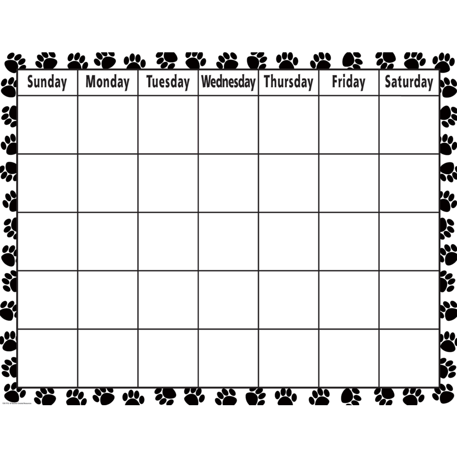 Black & White Paw Print Calendar Chart TCR7712 Teacher Created