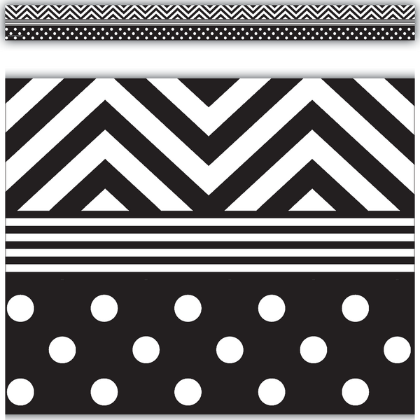 Black & White Chevrons and Dots Straight Border Trim TCR5543