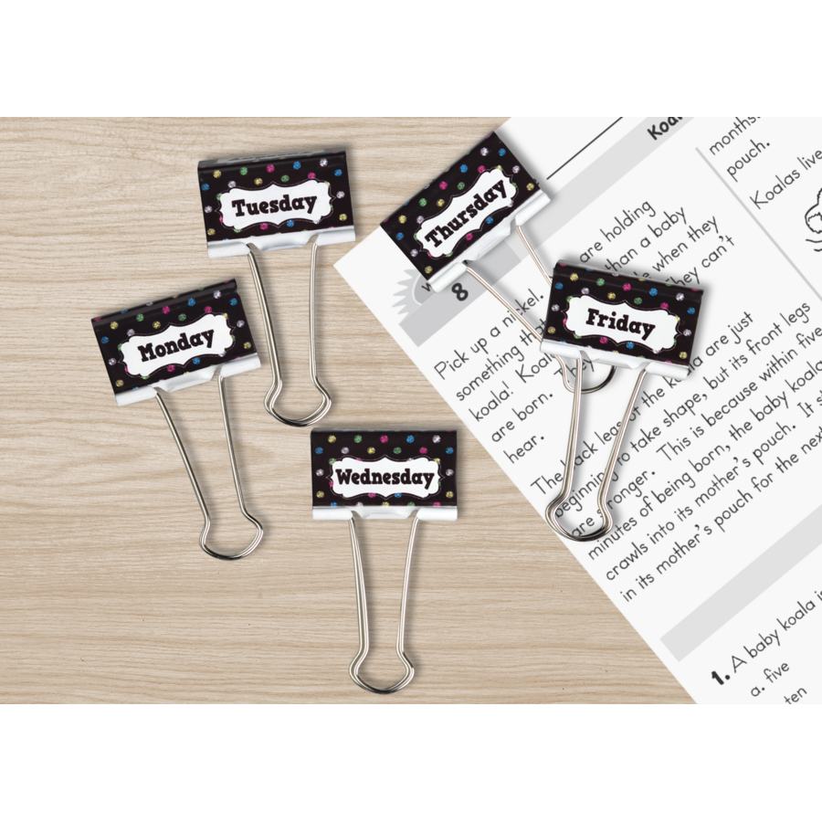 Chalkboard Brights Days of the Week Large Binder Clips TCR20856