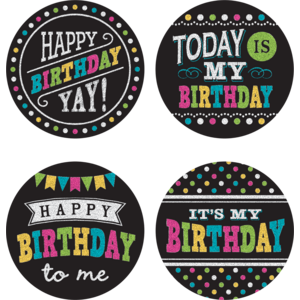 TCR5601 Chalkboard Brights Happy Birthday Wear 'Em Badges Image