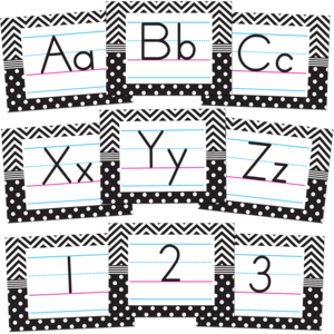 TCR5573 Black & White Chevrons and Dots Alphabet Bulletin Board Image