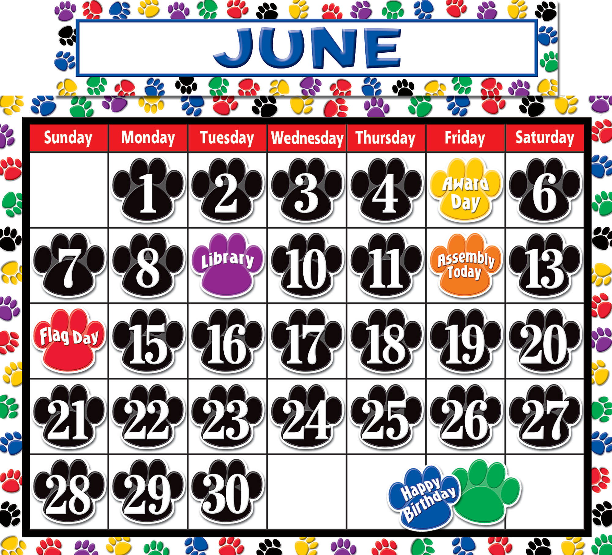 Colorful Paw Prints Calendar Bulletin Board Display Set TCR4328