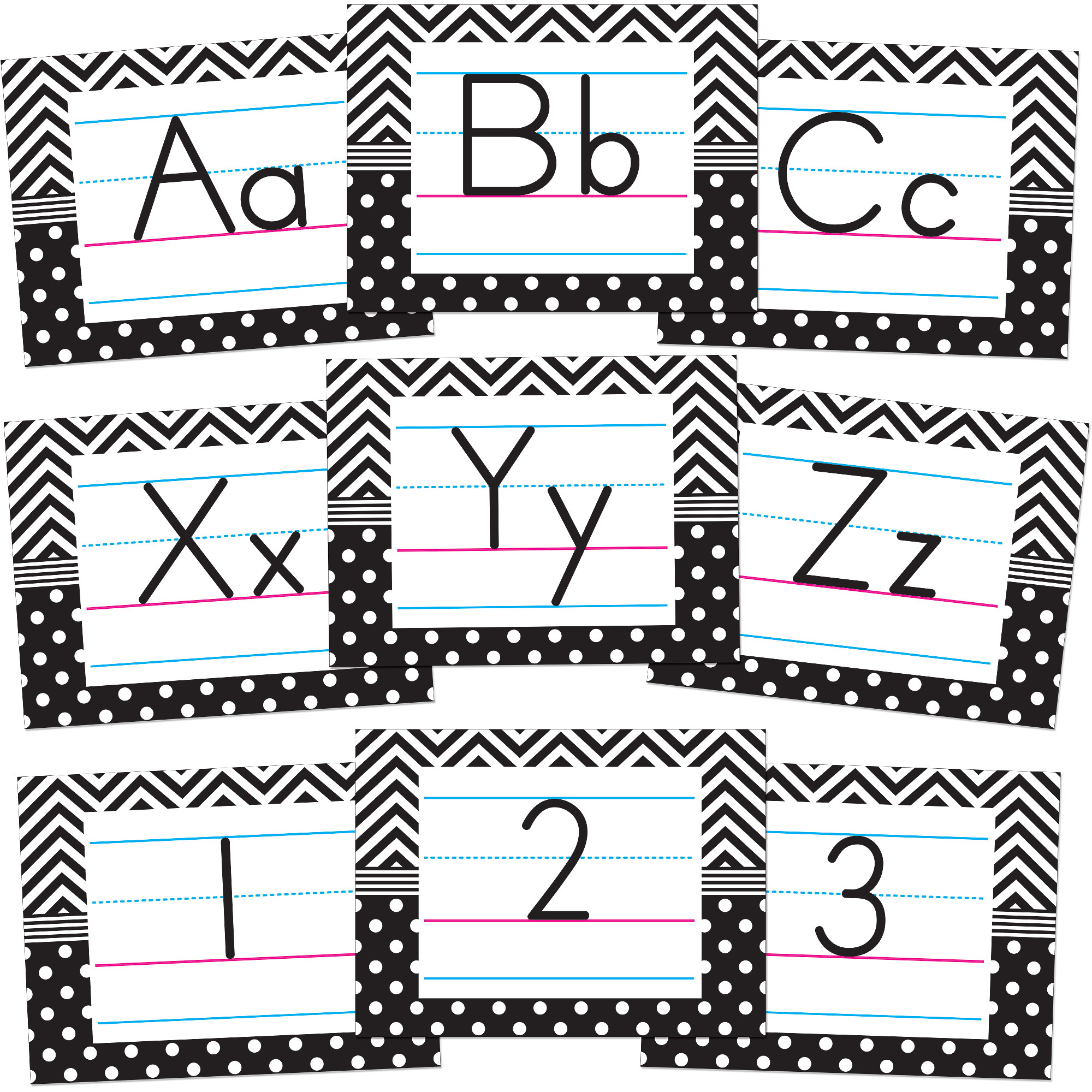 black white chevrons and dots alphabet bulletin board tcr5573