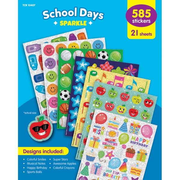 TCR10407 School Fun Sparkle Stickers Variety Pack Image