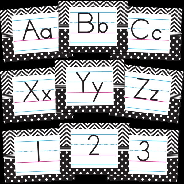 TCR5573 Black & White Chevrons and Dots Alphabet Bulletin Board Image