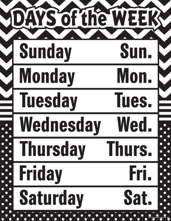 TCR7567 Black & White Chevron and Dots Days of the Week Chart Image