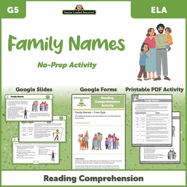 TCRGS10013 Family Names - Reading Comprehension Activity Google Slides Image