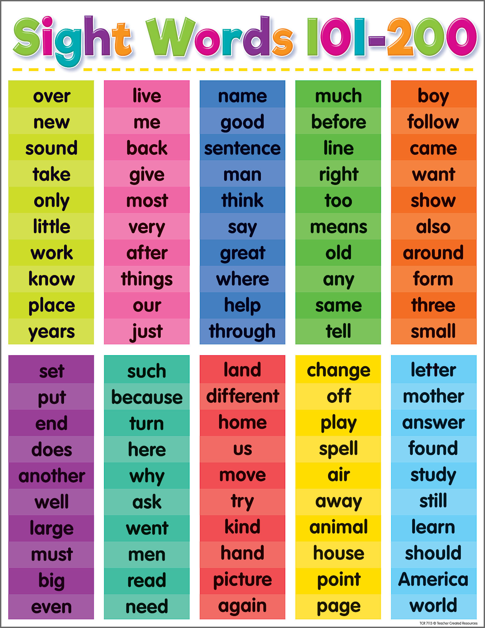 Colorful Sight Words 101â€“200 Chart
