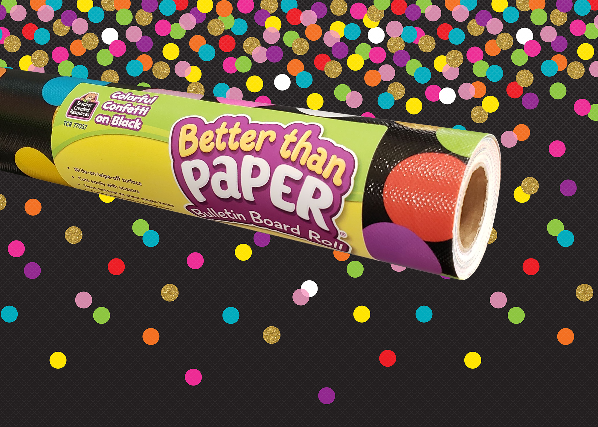 Colorful Confetti on Black Better Than PaperÂ® Bulletin Board Roll