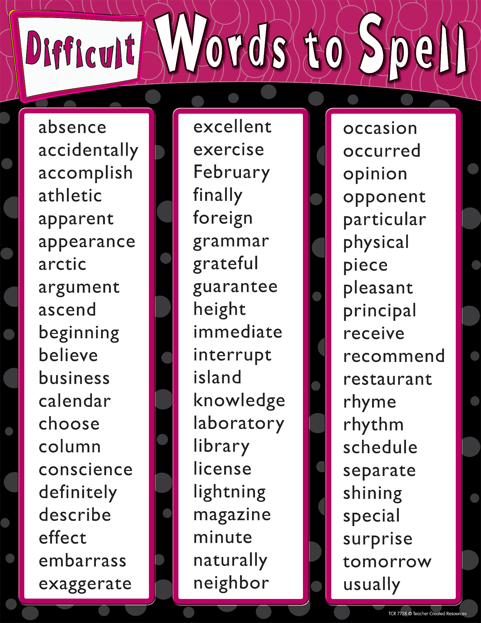 Difficult Words to Spell Chart - TCR7728 | Teacher Created Resources